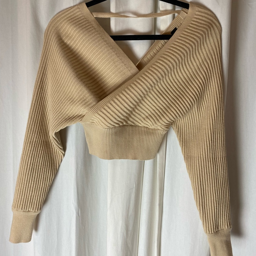 Tan Cropped Wrap Sweater XS